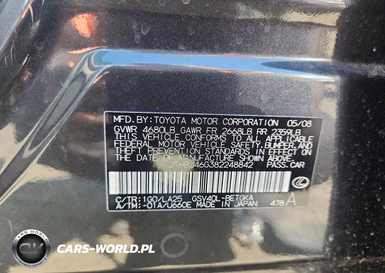 2008 Lexus Es 350 VIN:JTHBJ46G382248842 - 12