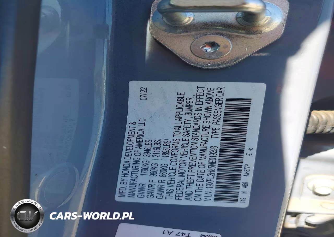 2022 Honda Civic Sport VIN:19XFL2H85NE019293 - 13
