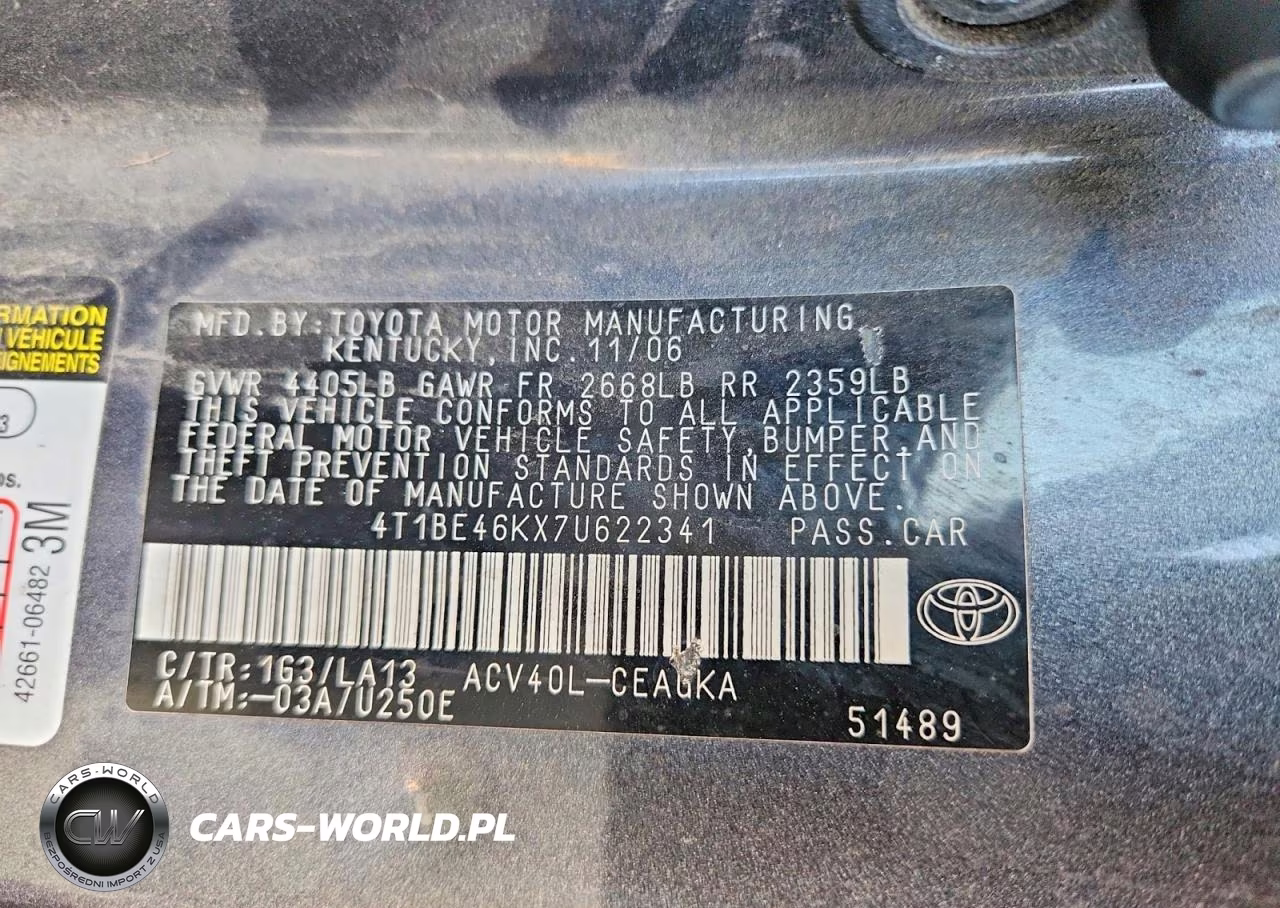 2007 Toyota Camry Xle VIN:4T1BE46KX7U622341 - 12