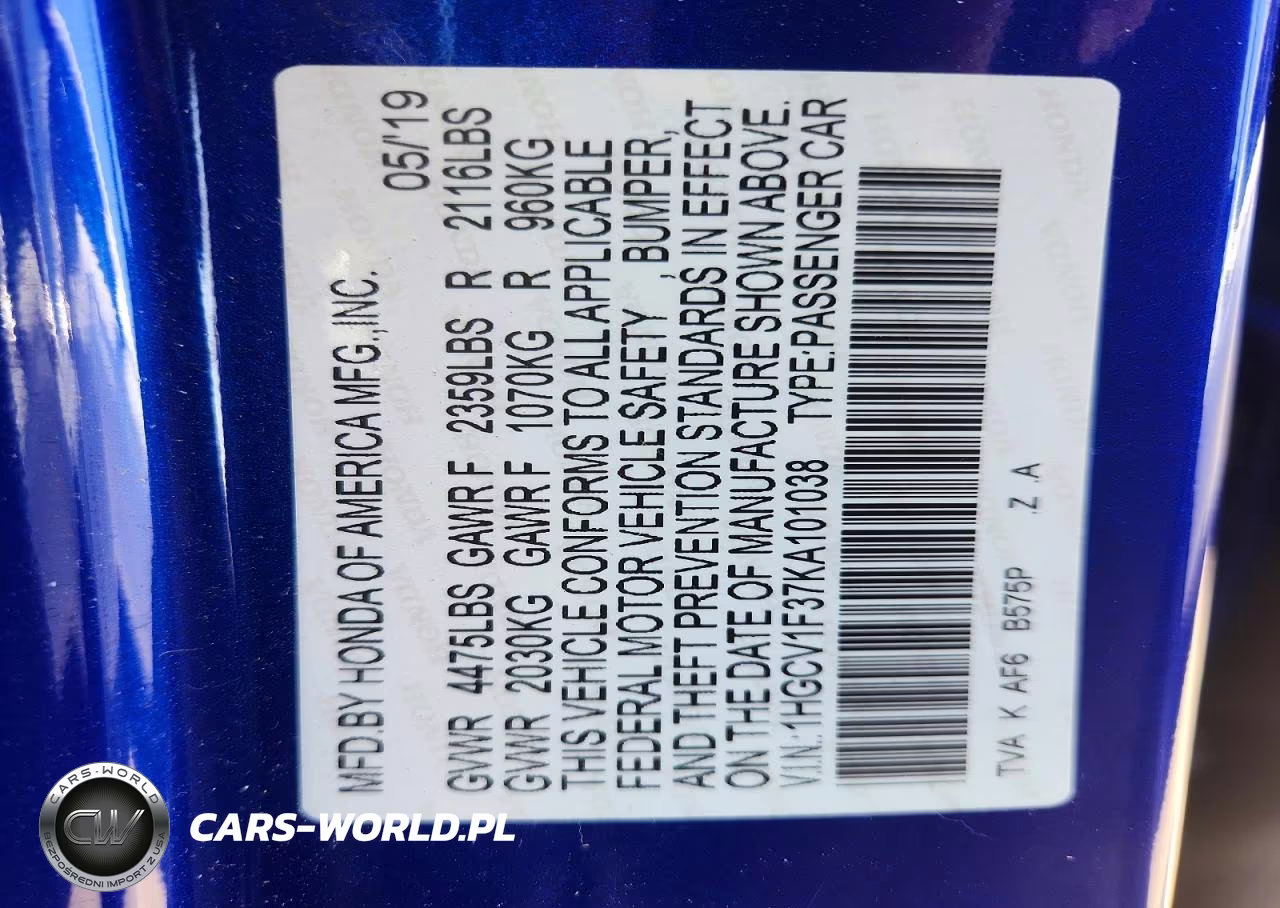 2019 Honda Accord Sport VIN:1HGCV1F37KA101038 - 12