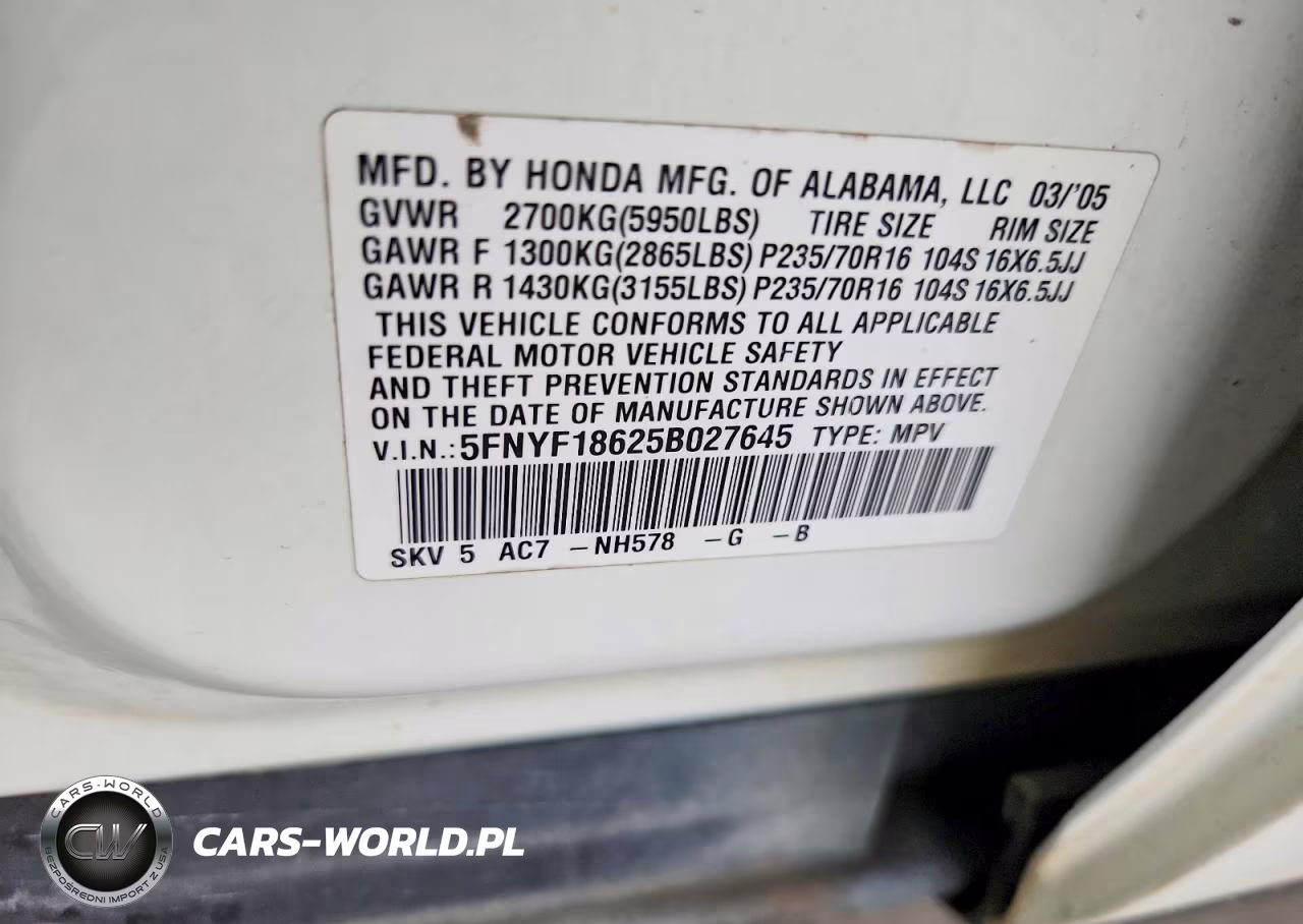 2005 Honda Pilot Exl VIN:5FNYF18625B027645 - 13