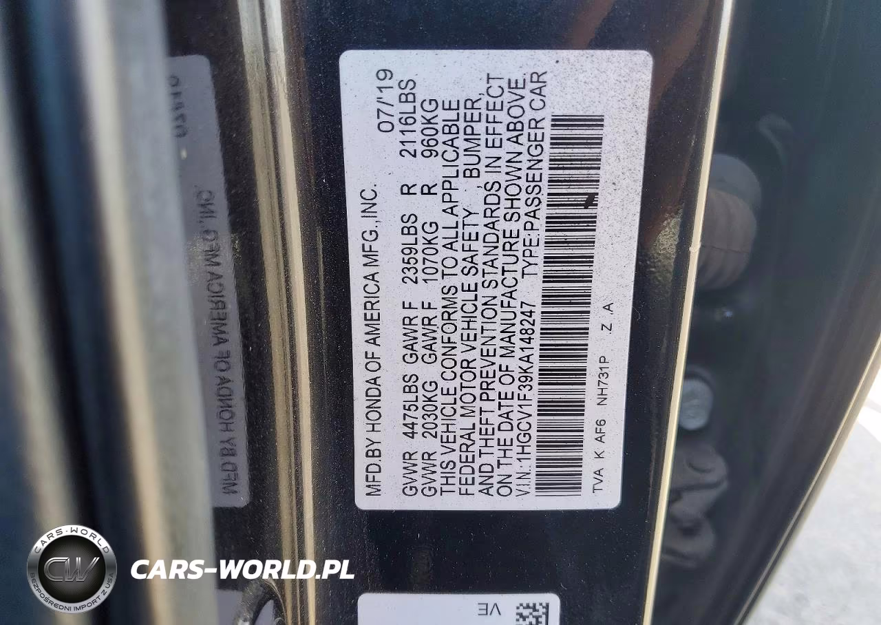 2019 Honda Accord Sport VIN:1HGCV1F39KA148247 - 12