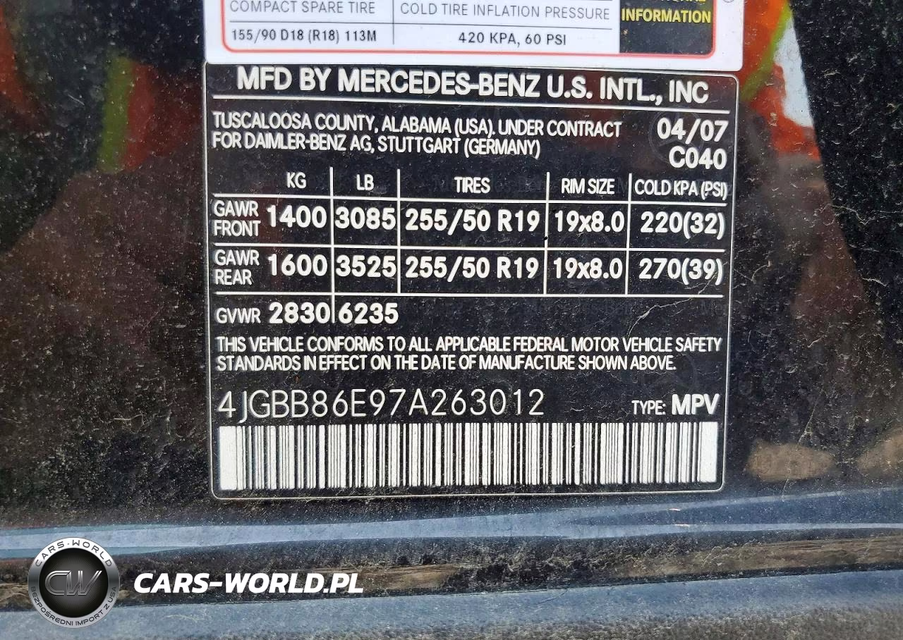 2007 Mercedes-Benz Ml 350 VIN:4JGBB86E97A263012 - 12