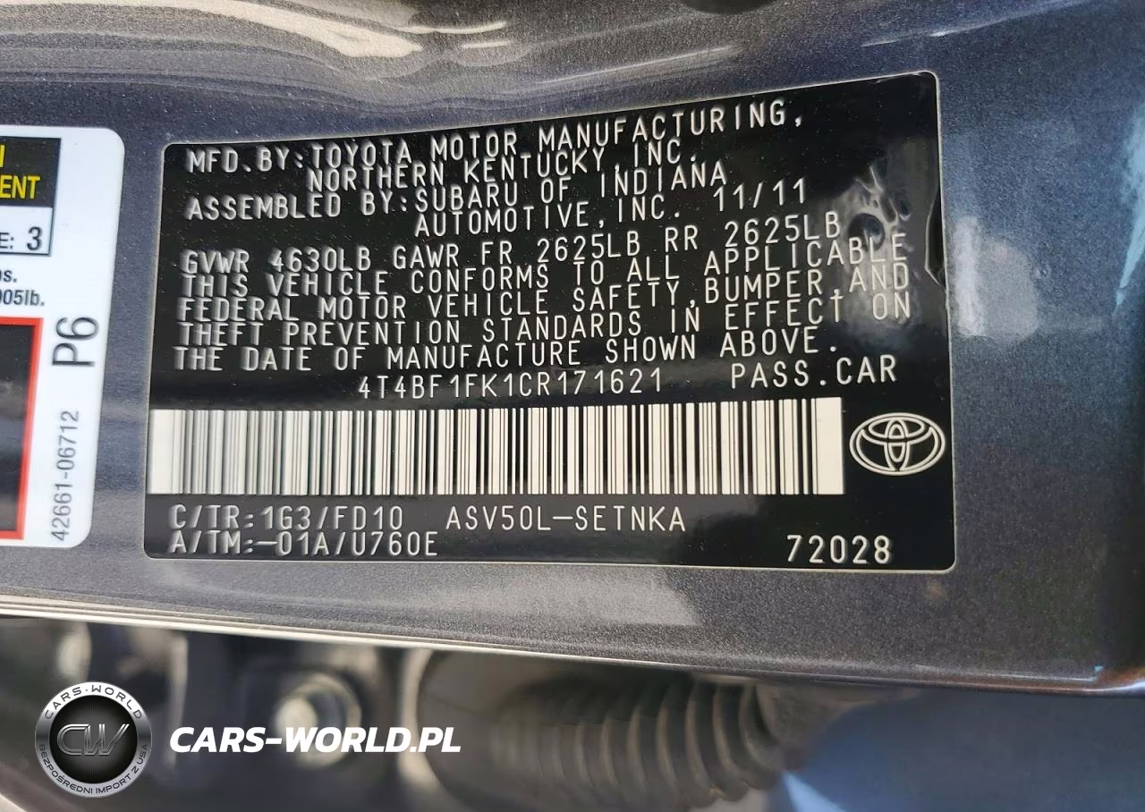 2012 Toyota Camry Le VIN:4T4BF1FK1CR171621 - 12