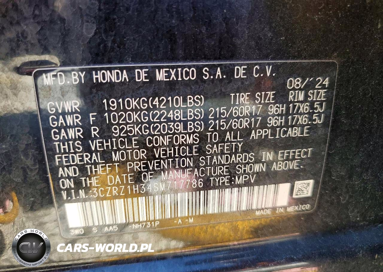 2025 Honda Hr-V Lx VIN:3CZRZ1H34SM717786 - 12