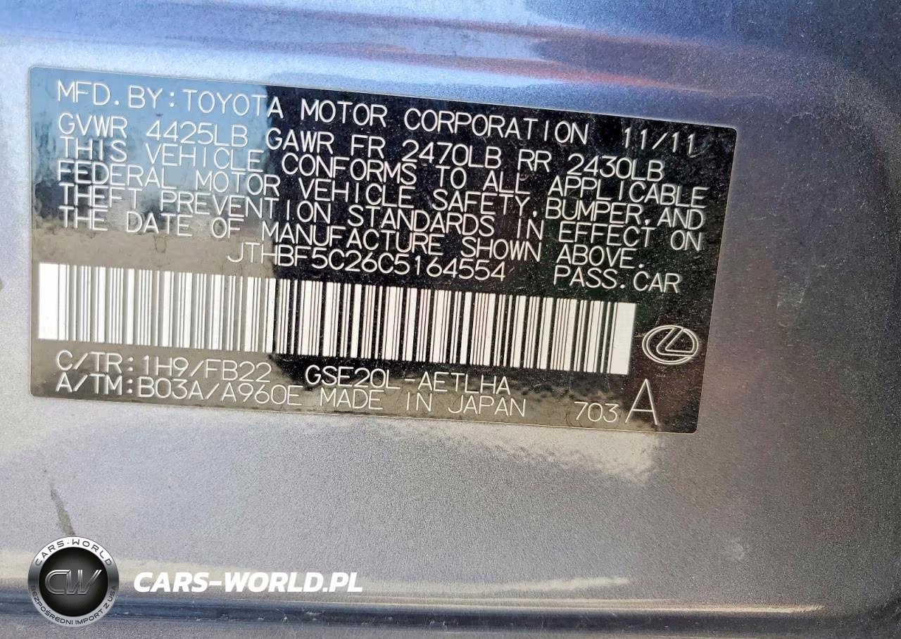 2012 Lexus Is 250 VIN:JTHBF5C26C5164554 - 12