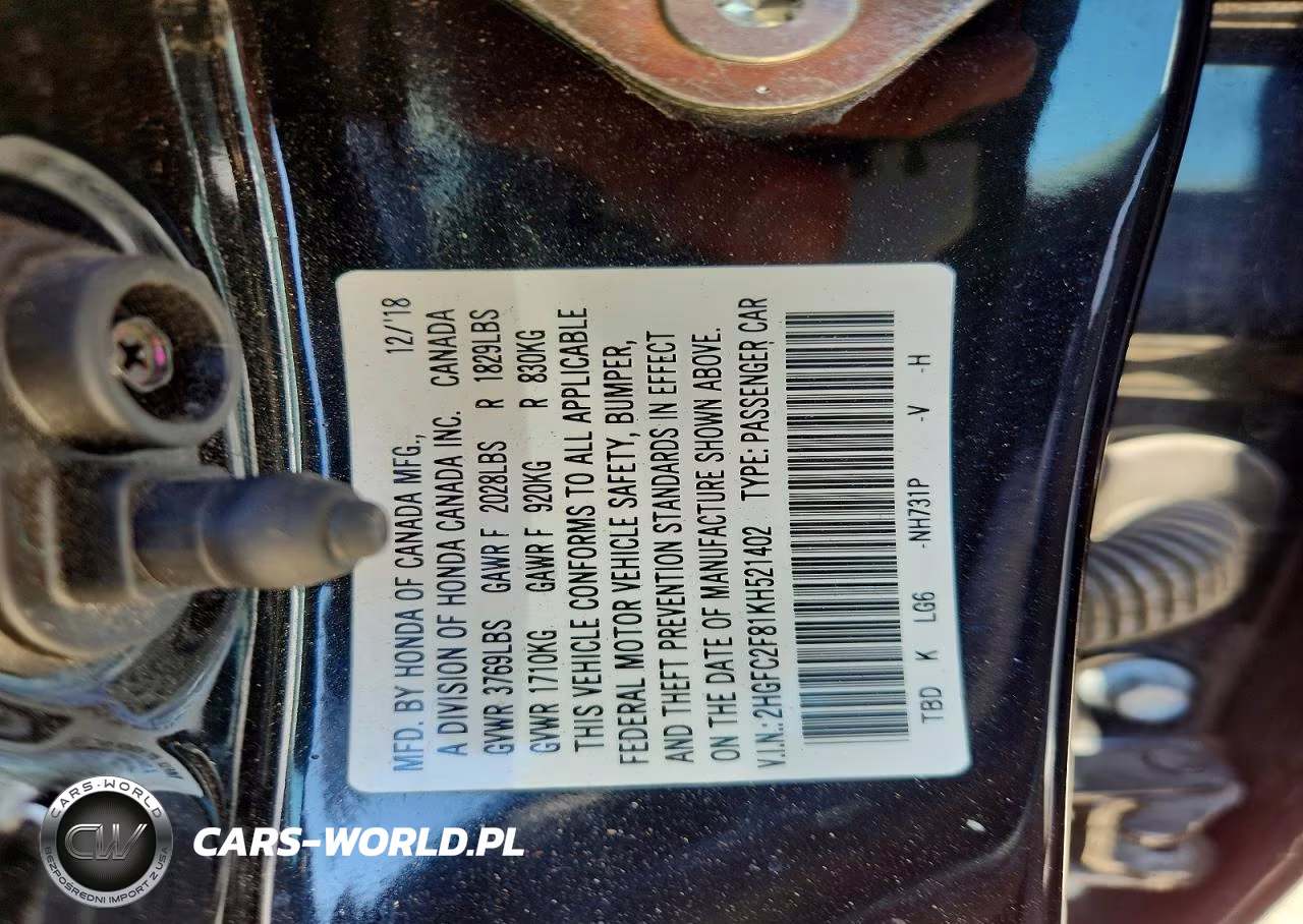 2019 Honda Civic Sport VIN:2HGFC2F81KH521402 - 12