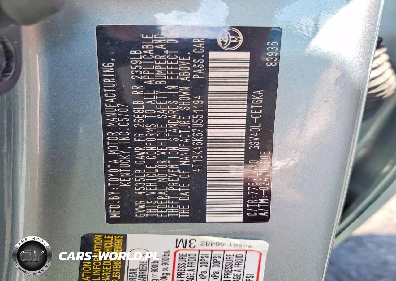2007 Toyota Camry Xle V6 VIN:4T1BK46K67U551194 - 12