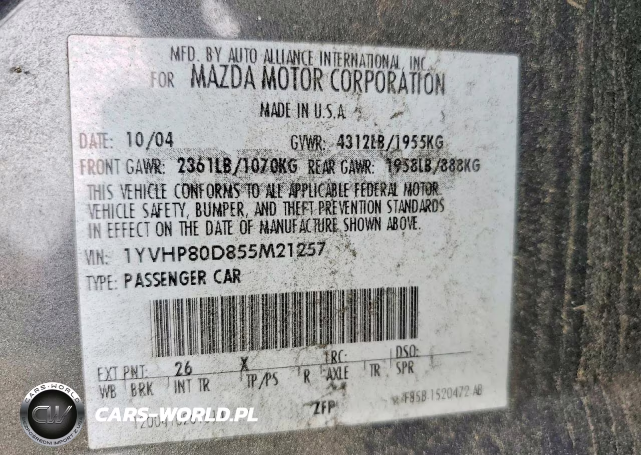 2005 Mazda 6 S VIN:1YVHP80D855M21257 - 12