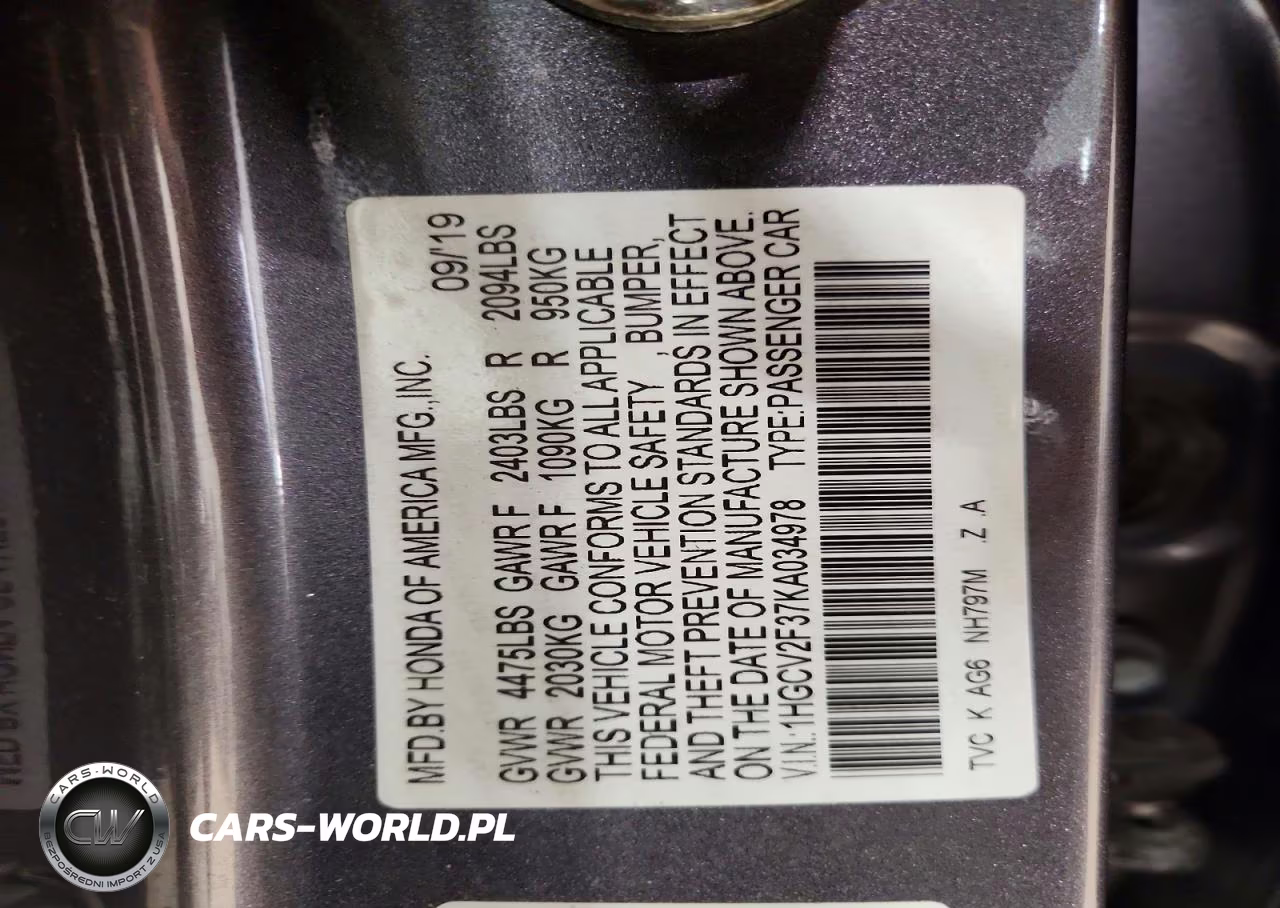 2019 Honda Accord Sport VIN:1HGCV2F37KA034978 - 12