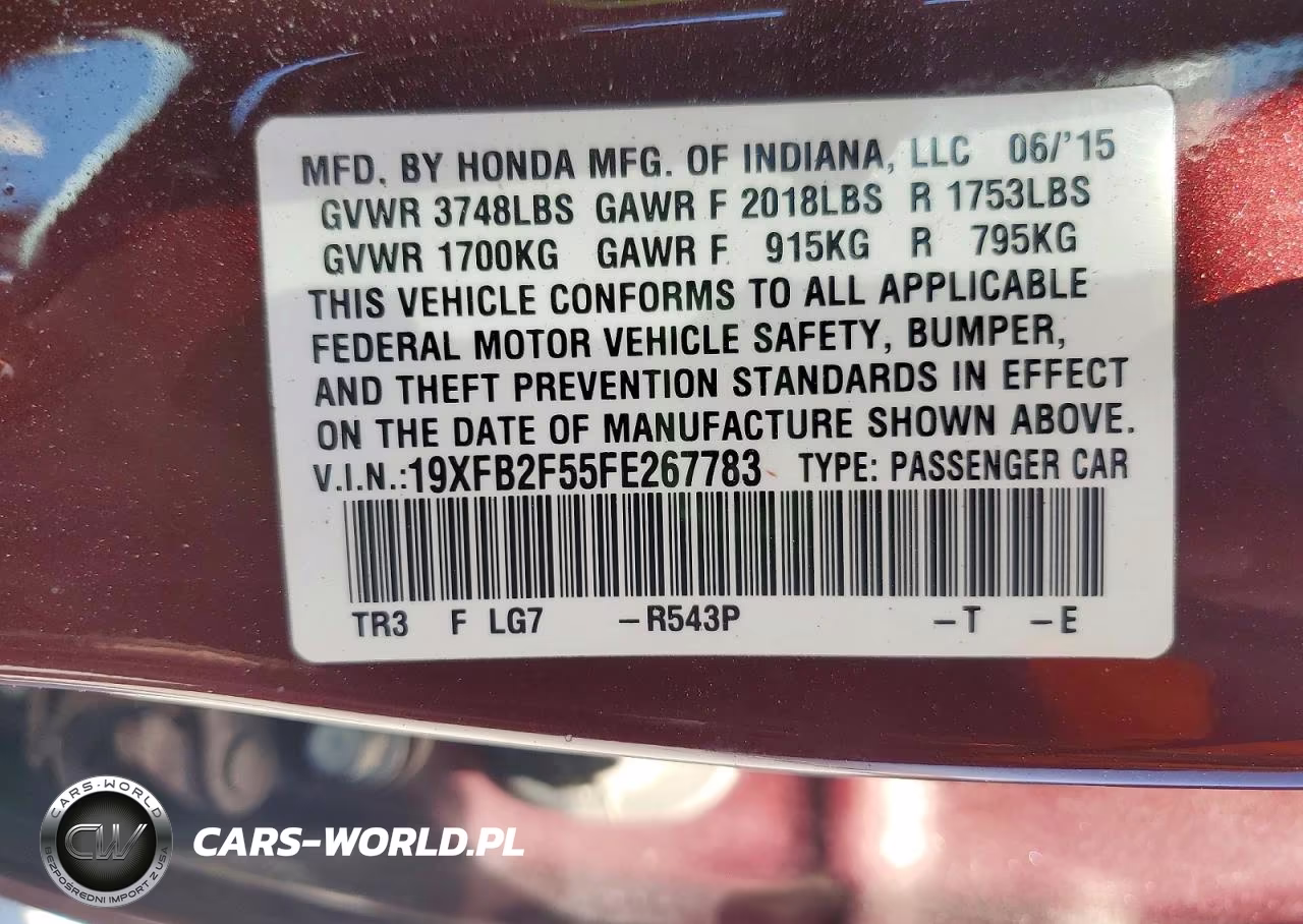 2015 Honda Civic Lx VIN:19XFB2F55FE267783 - 12