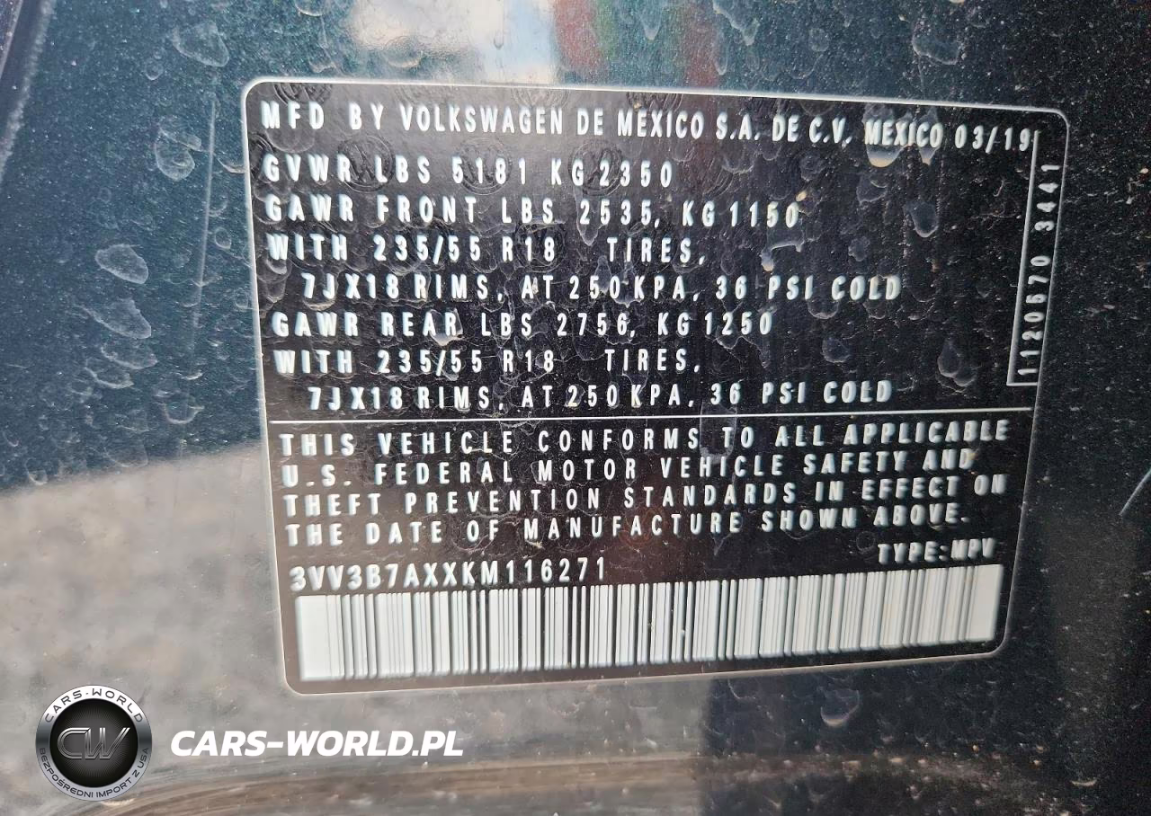 2019 Volkswagen Tiguan Se VIN:3VV3B7AXXKM116271 - 13