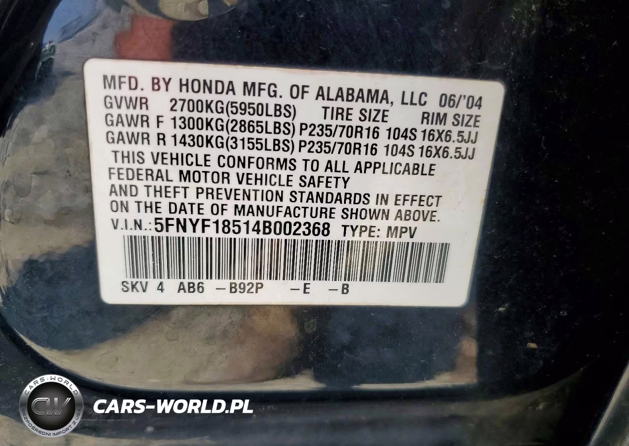 2004 Honda Pilot Exl VIN:5FNYF18514B002368 - 13