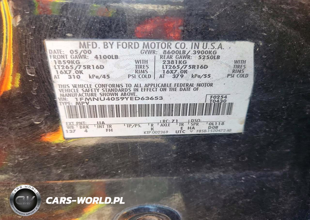 2000 Ford Excursion Xlt VIN:1FMNU40S9YED63653 - 13