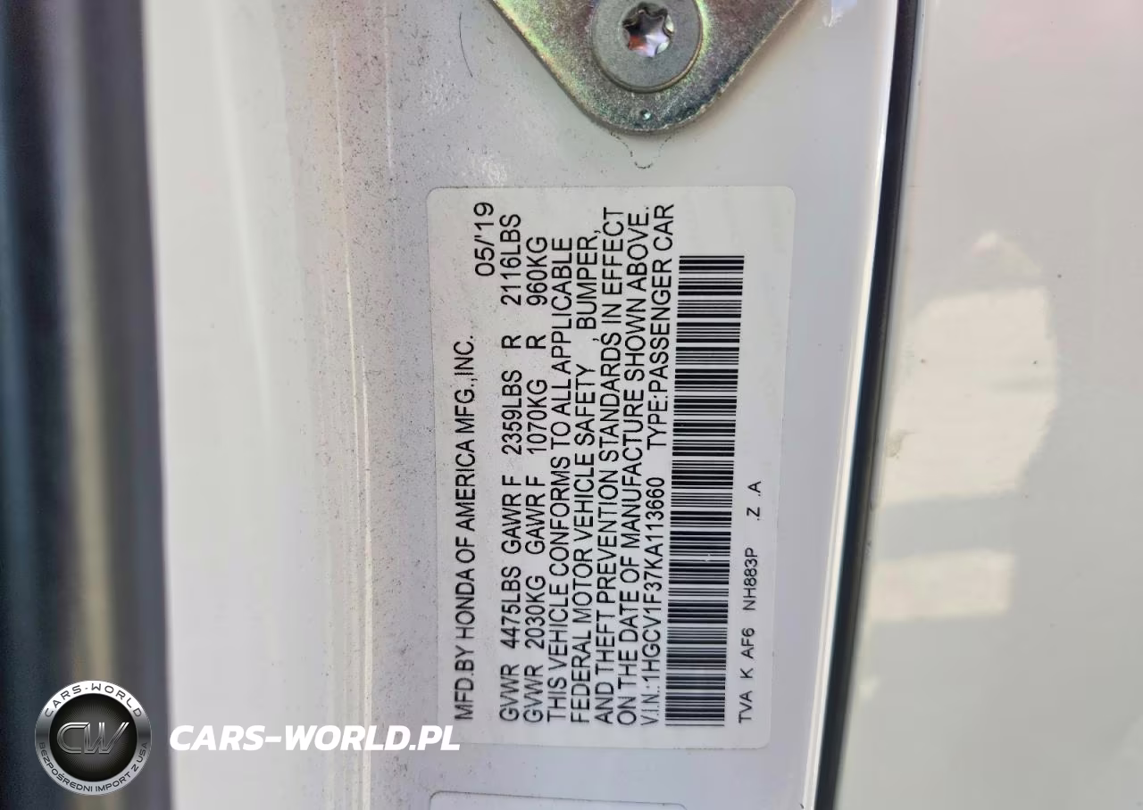 2019 Honda Accord Sport VIN:1HGCV1F37KA113660 - 12