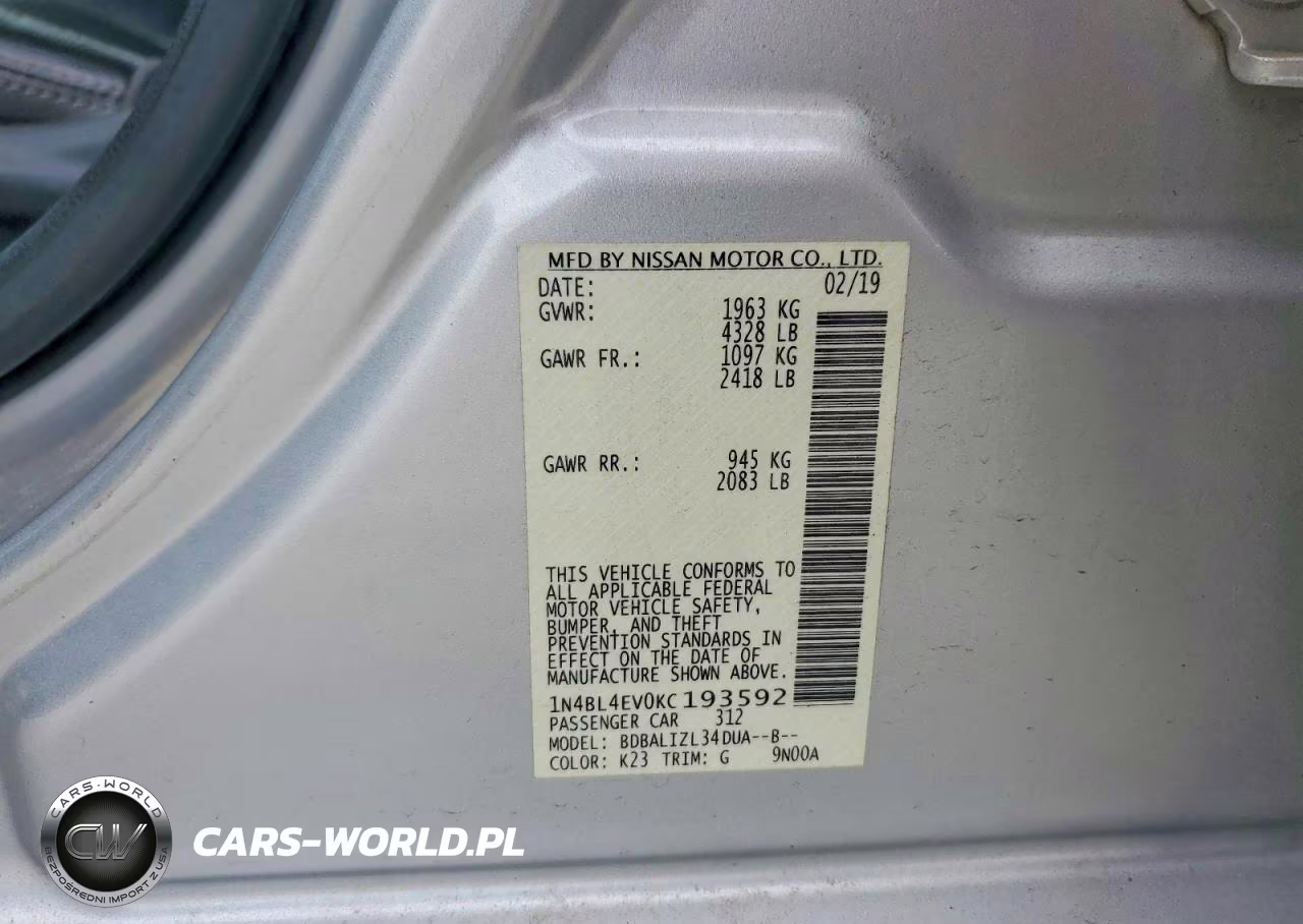 2019 Nissan Altima Sl VIN:1N4BL4EV0KC193592 - 13