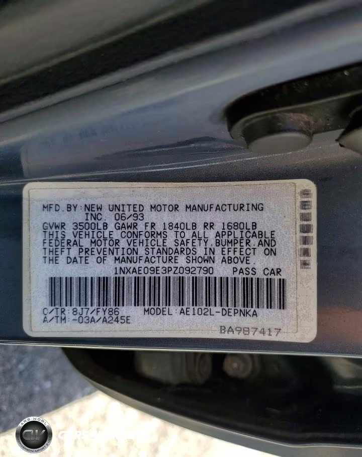 1993 Toyota Corolla Dx VIN:1NXAE09E3PZ092790 - 12