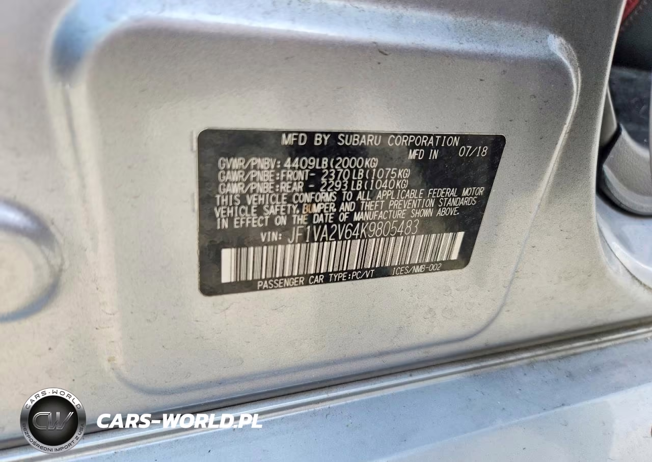 2019 Subaru Wrx Sti Limited VIN:JF1VA2V64K9805483 - 12