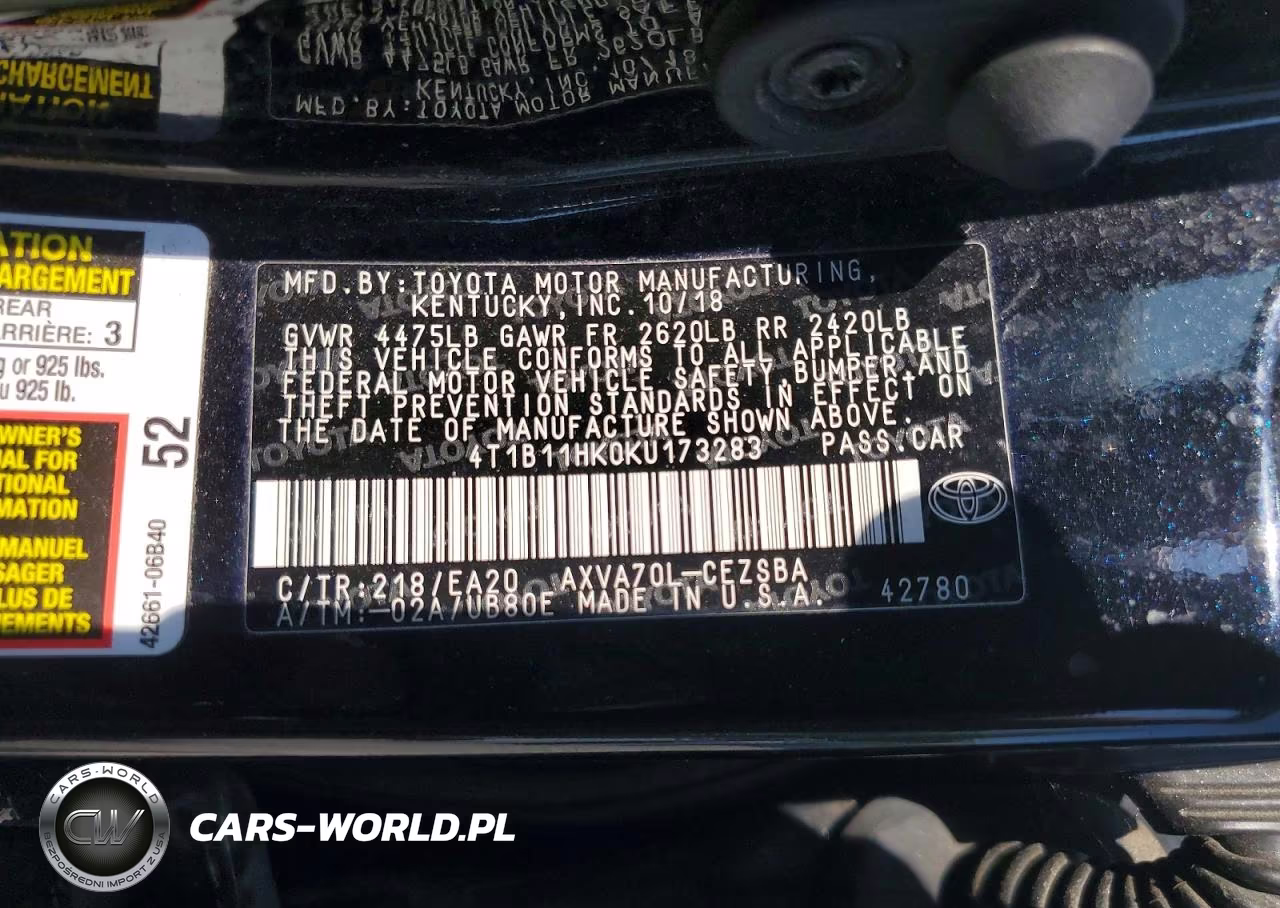 2019 Toyota Camry Se VIN:4T1B11HK0KU173283 - 12