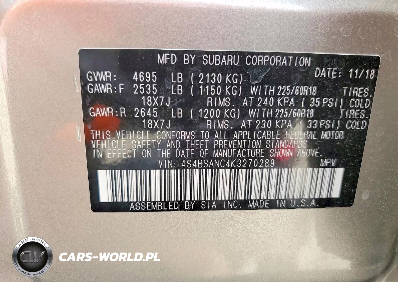 2019 Subaru Outback 2.5I Limited VIN:4S4BSANC4K3270289 - 12
