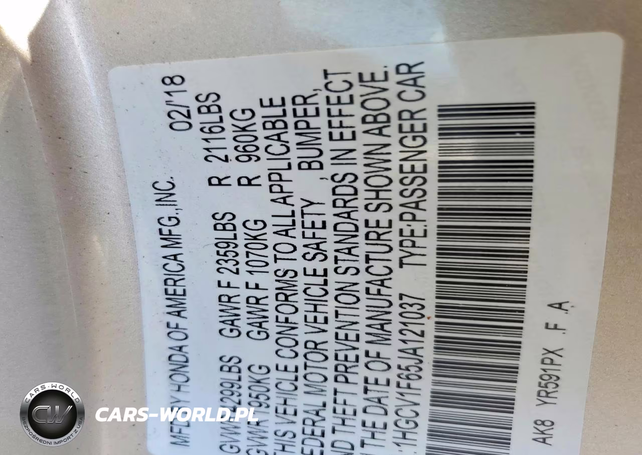 2018 Honda Accord Exl VIN:1HGCV1F65JA121037 - 13