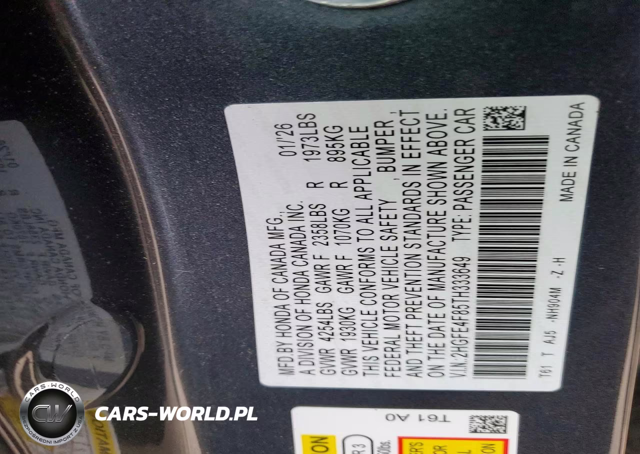 2026 Honda Civic Sport VIN:2HGFE4F85TH333649 - 12