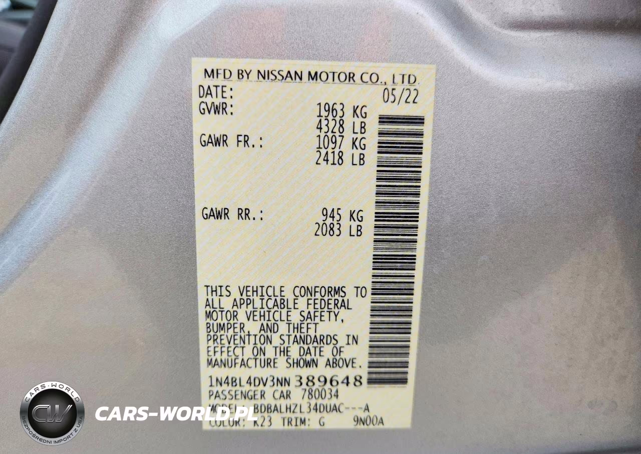 2022 Nissan Altima Sv VIN:1N4BL4DV3NN389648 - 12