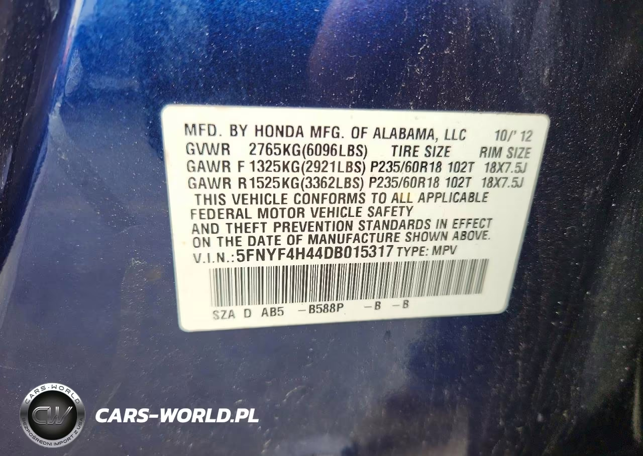 2013 Honda Pilot Ex VIN:5FNYF4H44DB015317 - 12