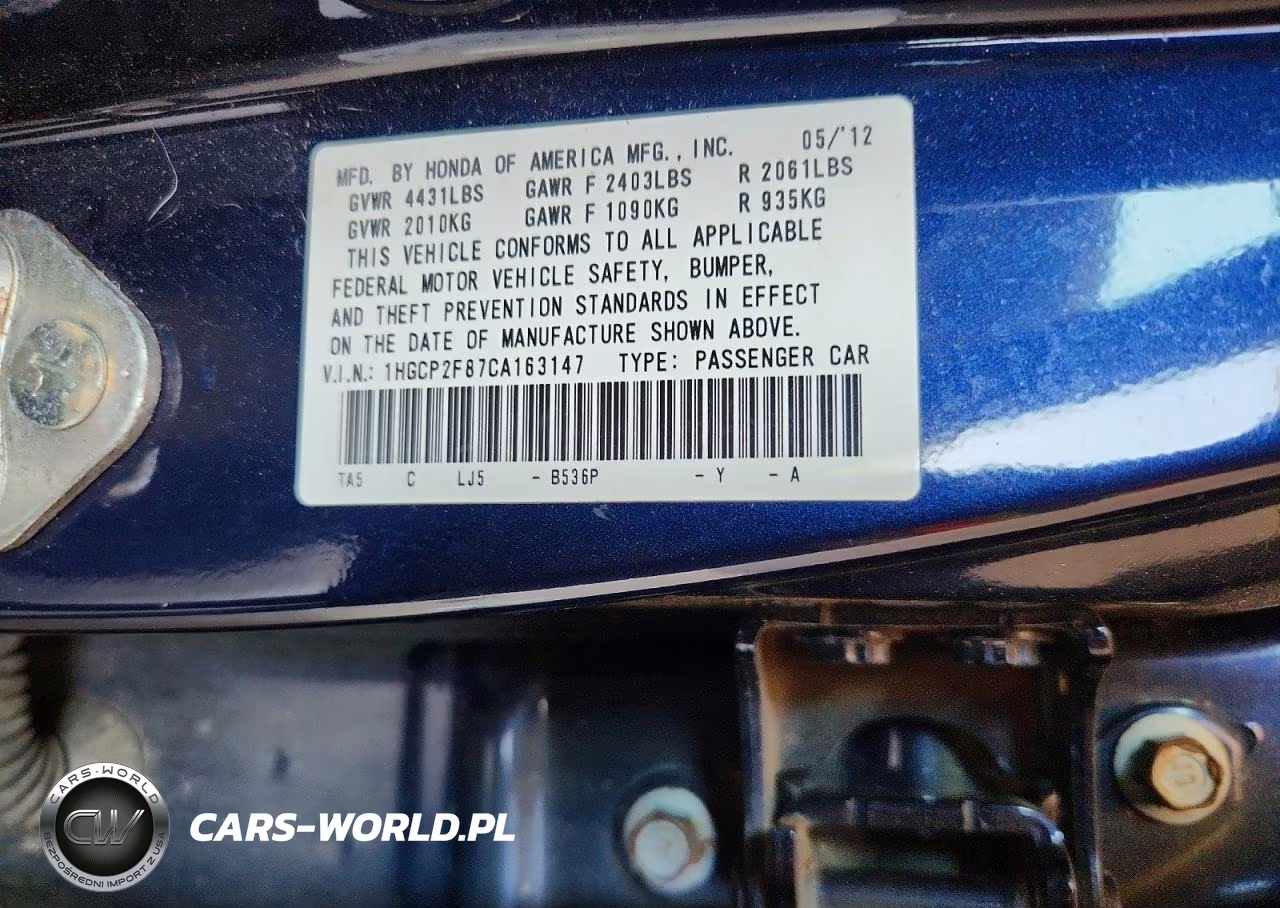 2012 Honda Accord Exl VIN:1HGCP2F87CA163147 - 12