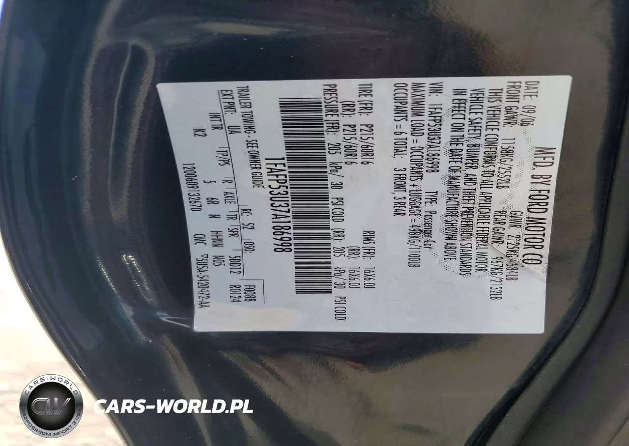 2007 Ford Taurus Se VIN:1FAFP53U37A186998 - 12
