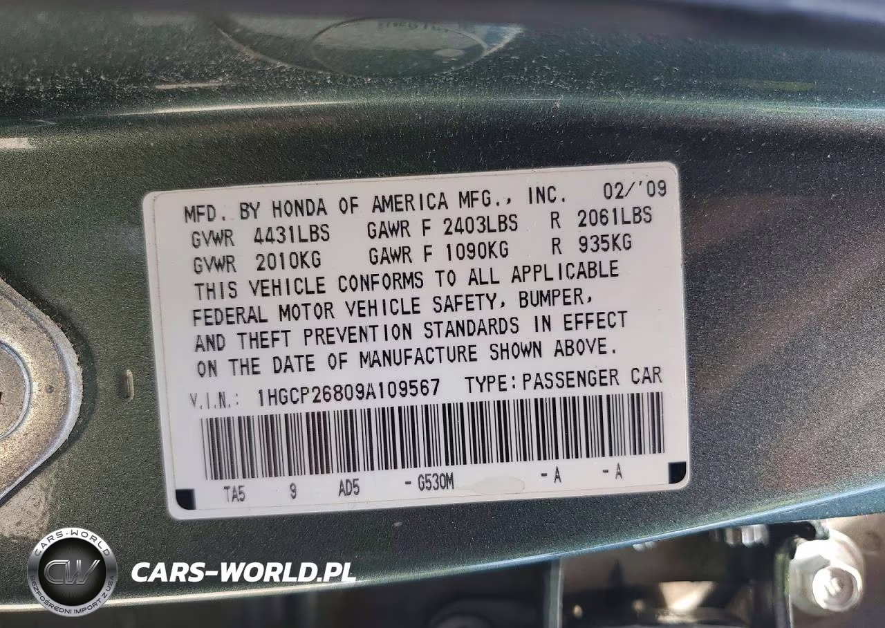 2009 Honda Accord Exl VIN:1HGCP26809A109567 - 12