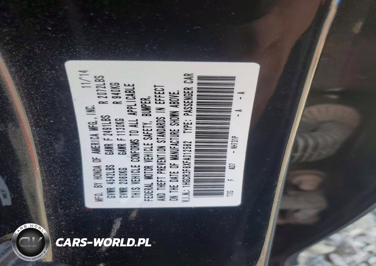 2015 Honda Accord Exl VIN:1HGCR3F8XFA012582 - 12