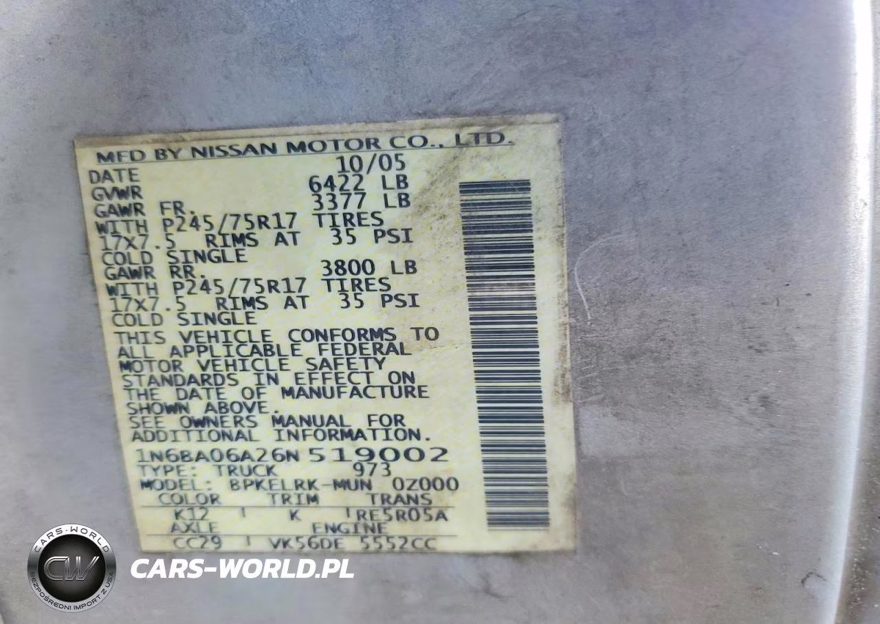 2006 Nissan Titan Xe Ffv VIN:1N6BA06A26N519002 - 12
