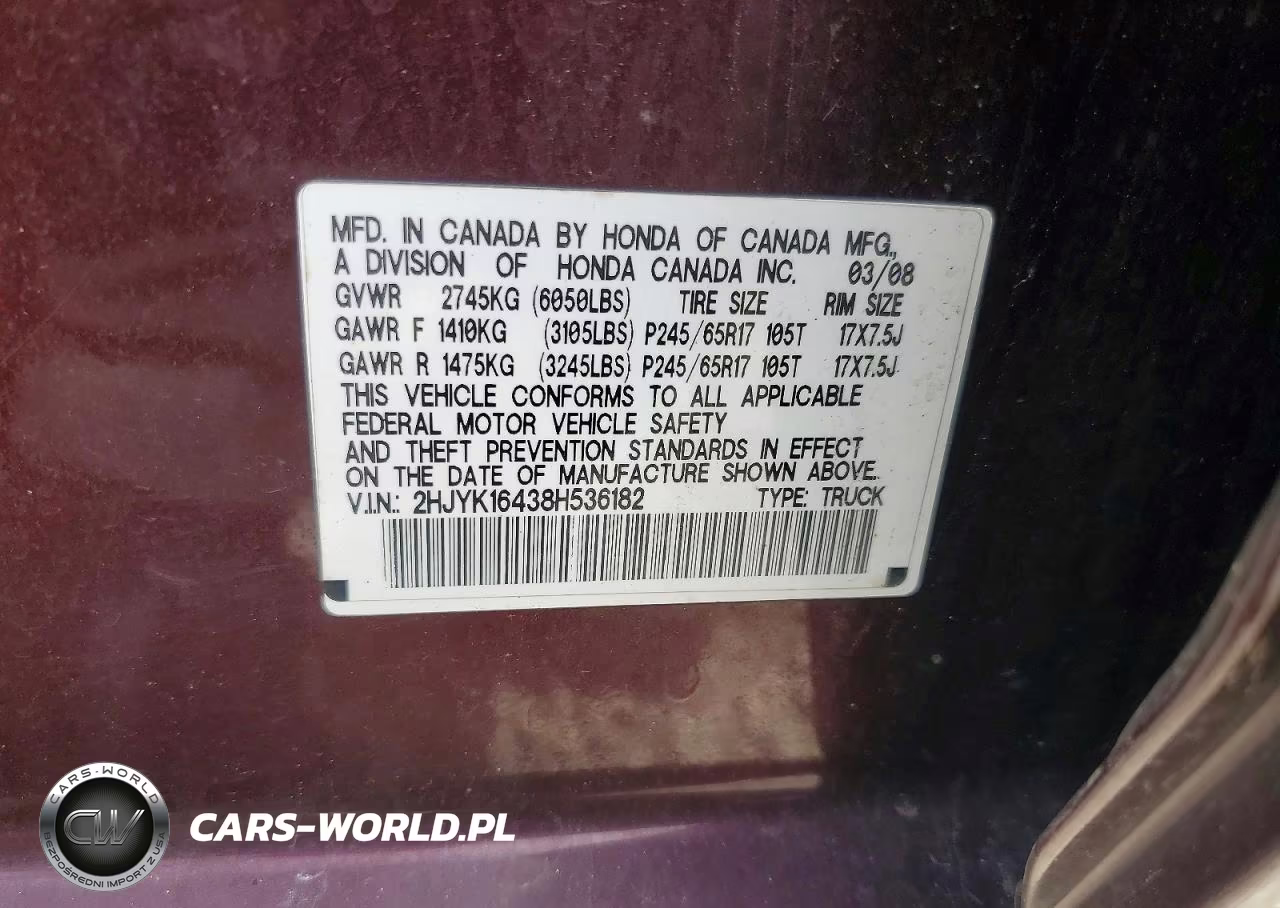 2008 Honda Ridgeline Rts VIN:2HJYK16438H536182 - 12