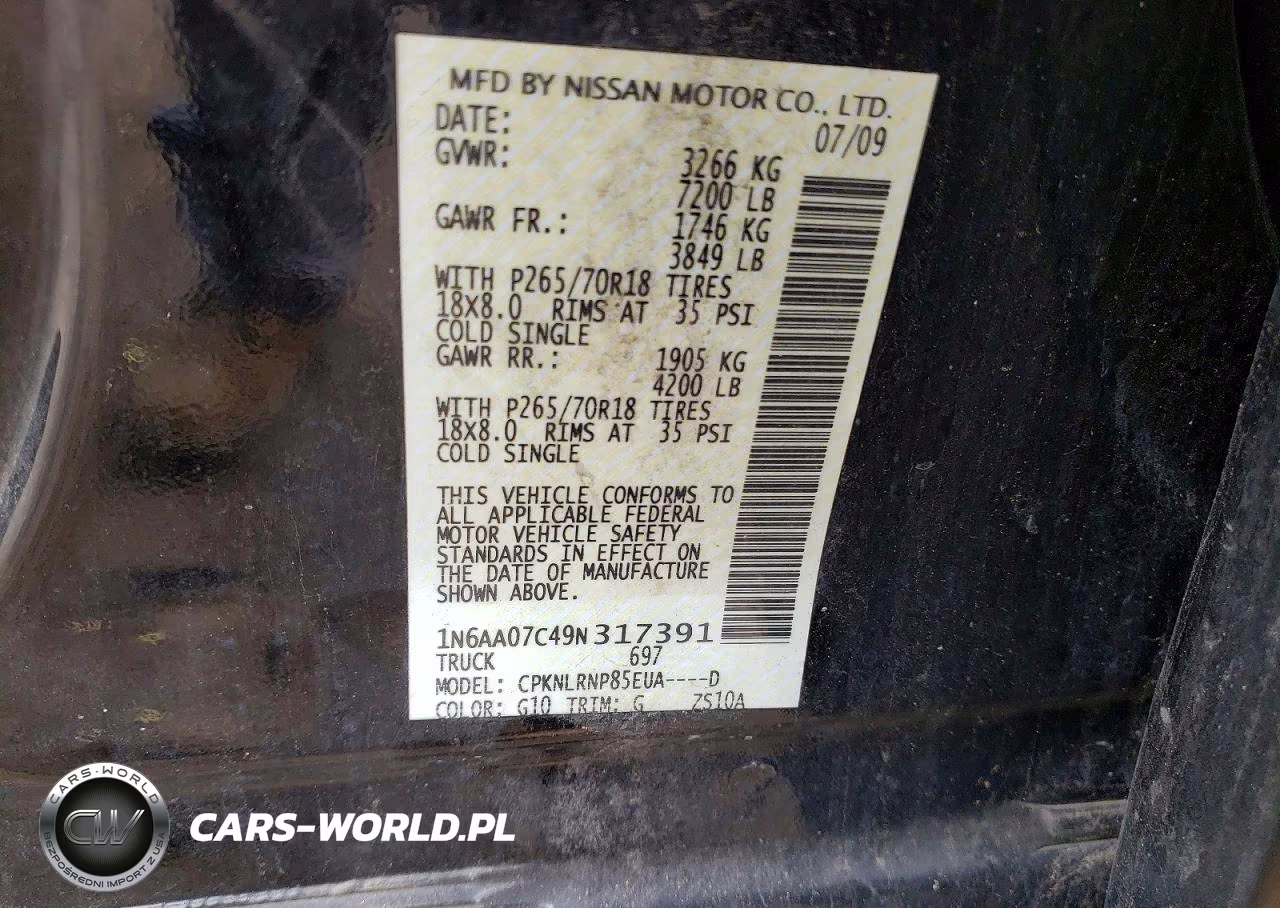 2009 Nissan Titan Xe VIN:1N6AA07C49N317391 - 12