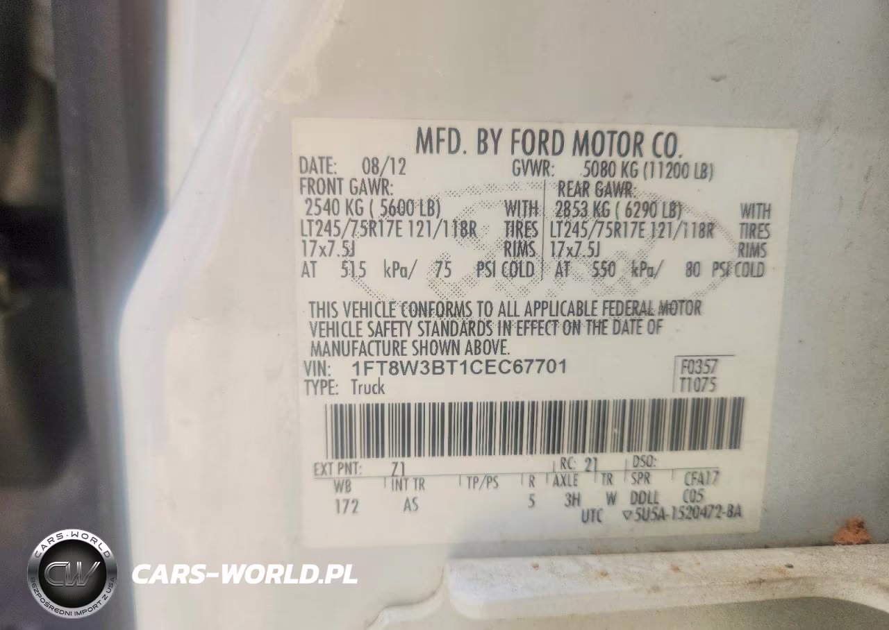 2012 Ford F350 Super Duty VIN:1FT8W3BT1CEC67701 - 12