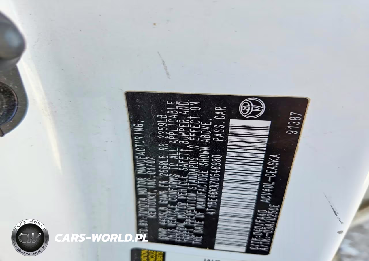 2007 Toyota Camry Xle VIN:4T1BE46KX7U646980 - 12