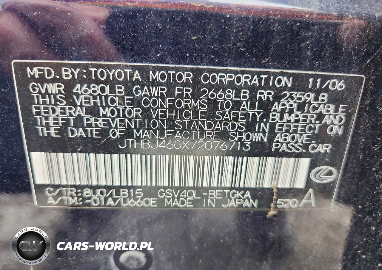 2007 Lexus Es 350 VIN:JTHBJ46GX72076713 - 12