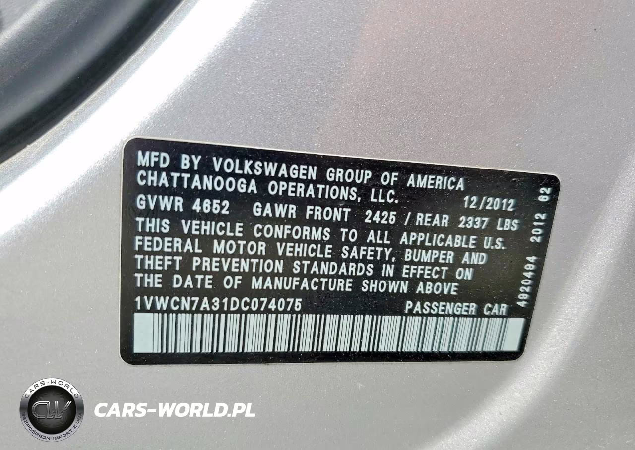 2013 Volkswagen Passat Sel VIN:1VWCN7A31DC074075 - 12