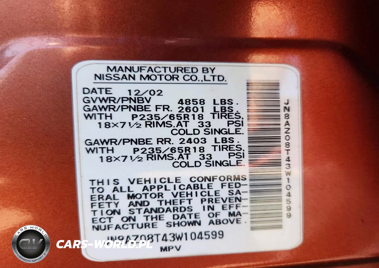 2003 Nissan Murano Sl VIN:JN8AZ08T43W104599 - 13