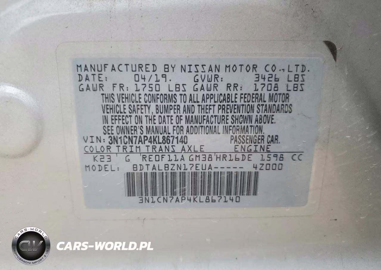 2019 Nissan Versa Sv VIN:3N1CN7AP4KL867140 - 12
