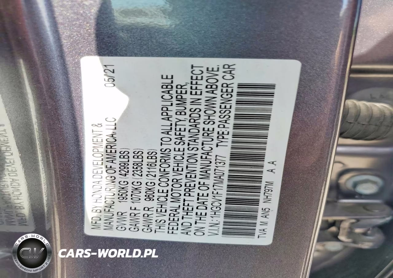2021 Honda Accord VIN:1HGCV1F17MA071377 - 12