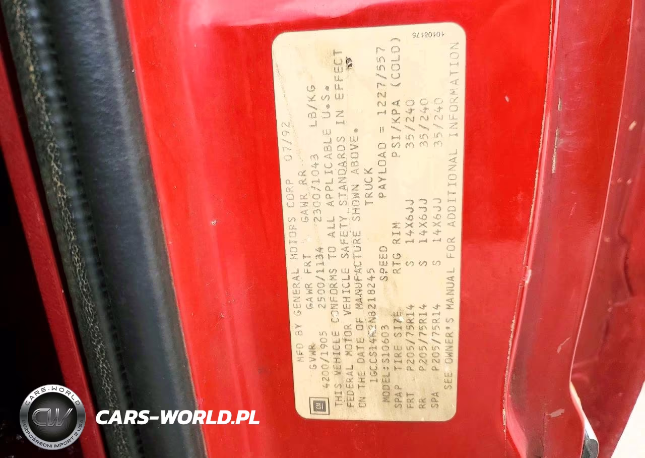 1992 Chevrolet S Truck S10 VIN:1GCCS14R2N8218245 - 12