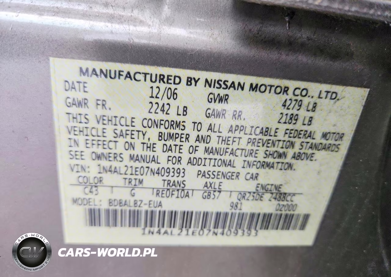 2007 Nissan Altima 2.5 VIN:1N4AL21E07N409393 - 12