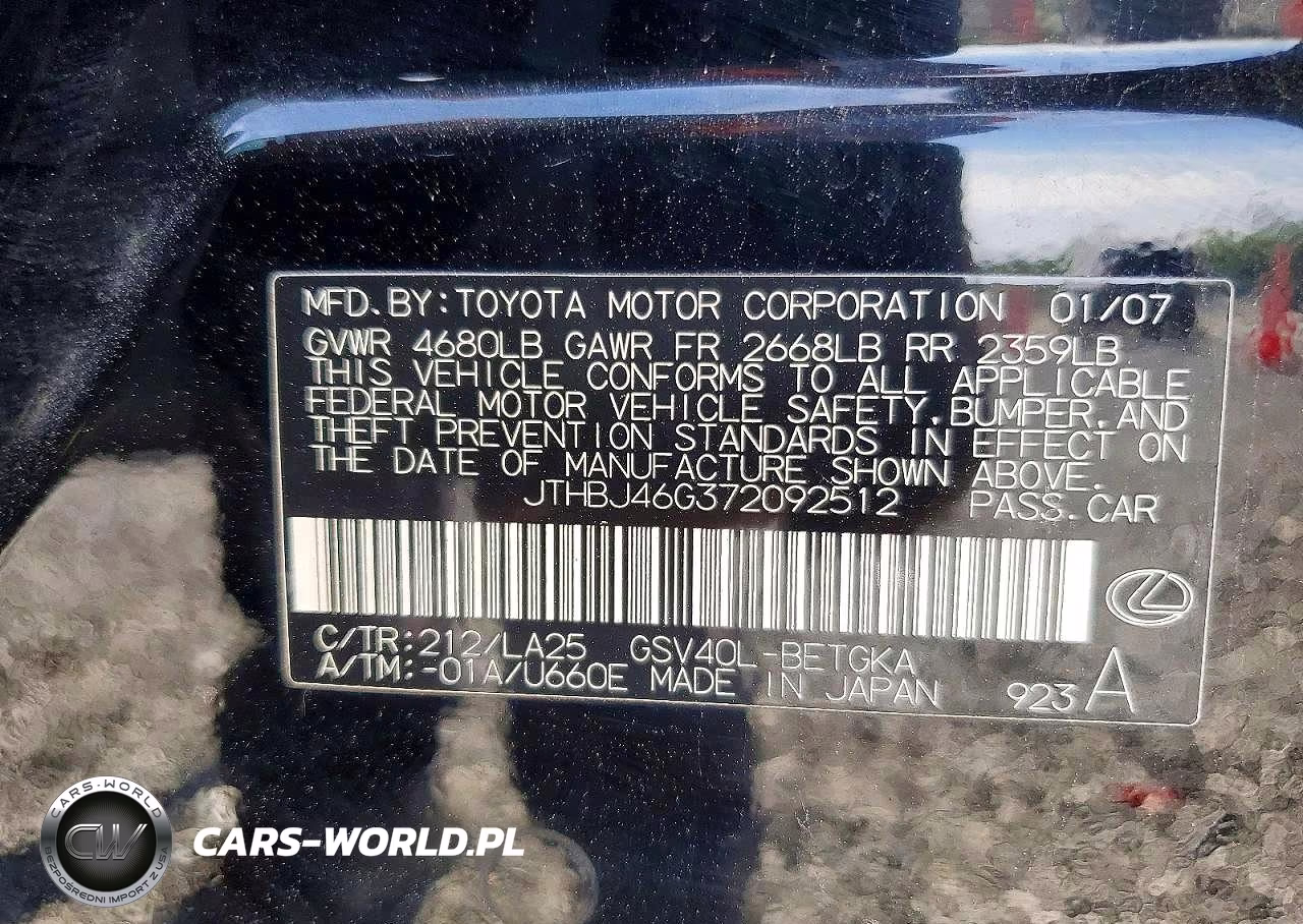 2007 Lexus Es 350 Base VIN:JTHBJ46G372092512 - 12