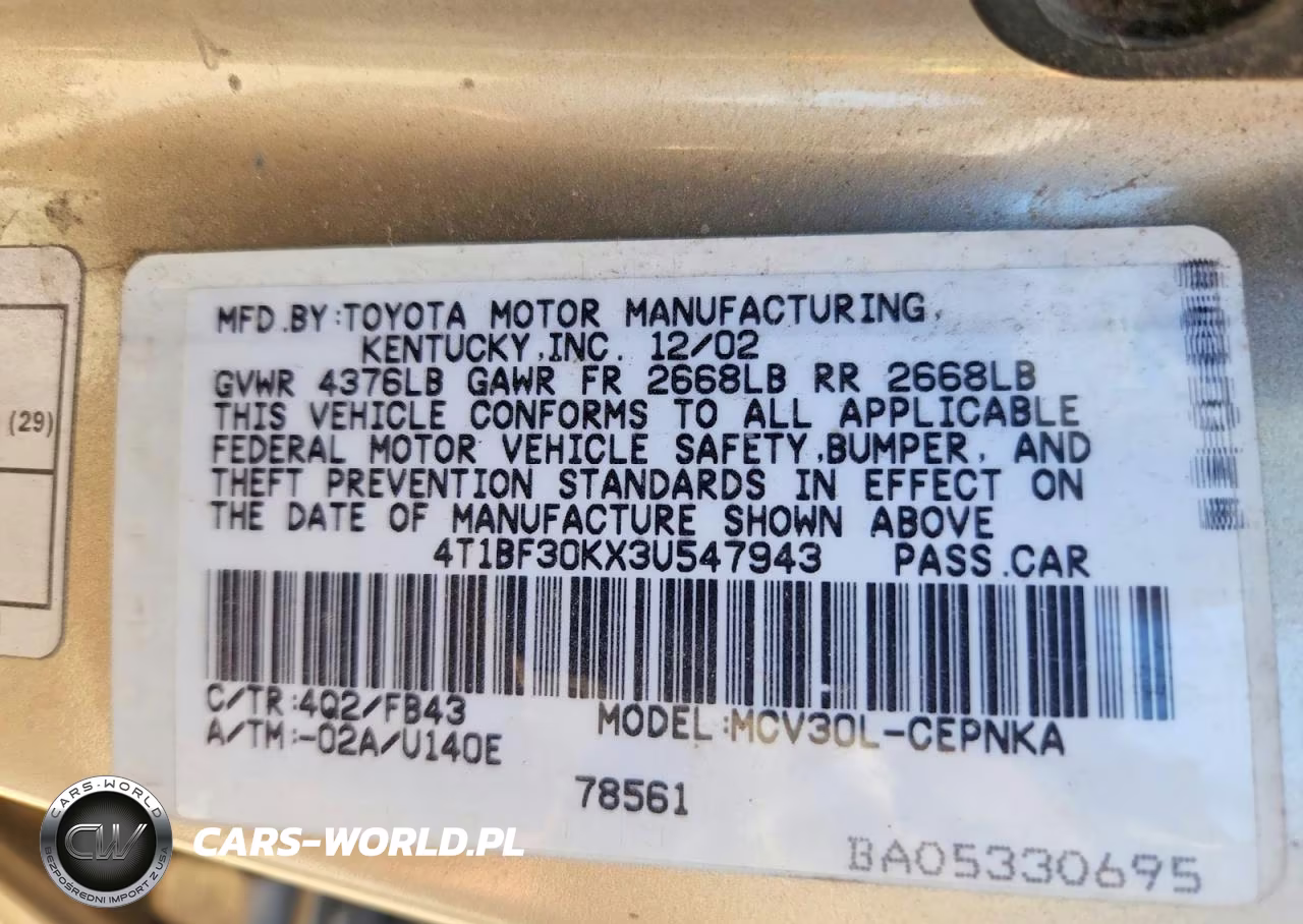 2003 Toyota Camry Le V6 VIN:4T1BF30KX3U547943 - 13