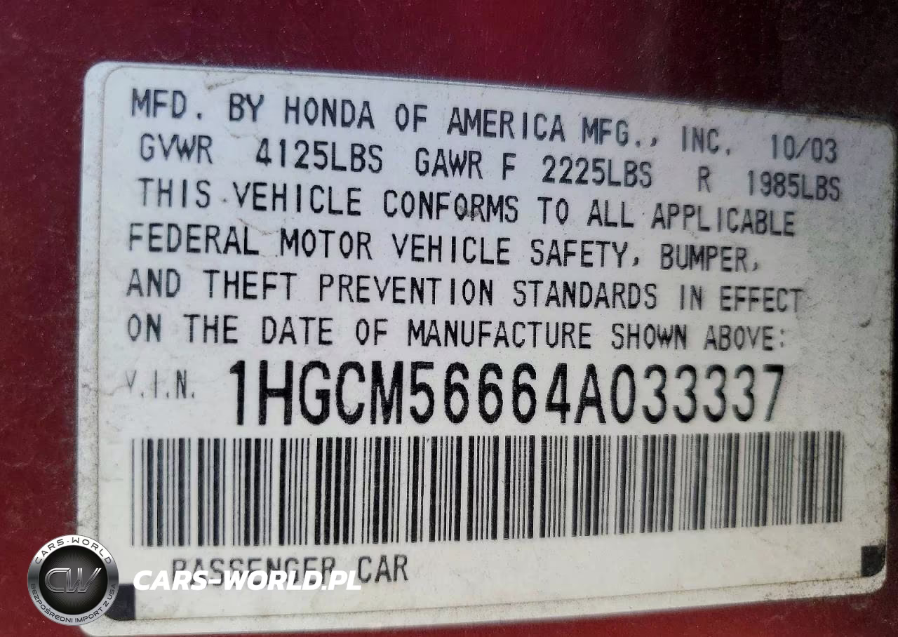 2004 Honda Accord Ex VIN:1HGCM56664A033337 - 13