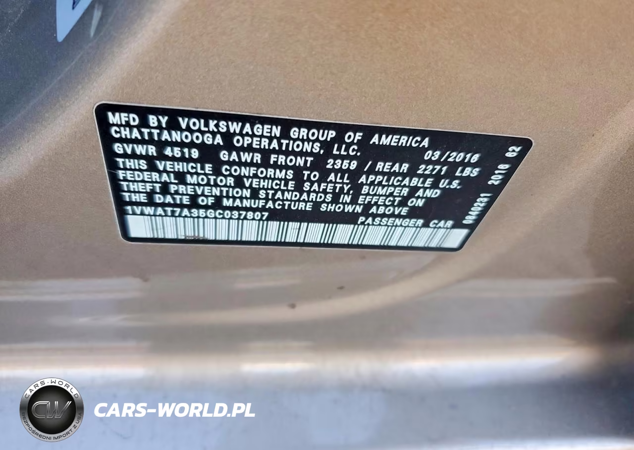 2016 Volkswagen Passat S VIN:1VWAT7A35GC037807 - 12
