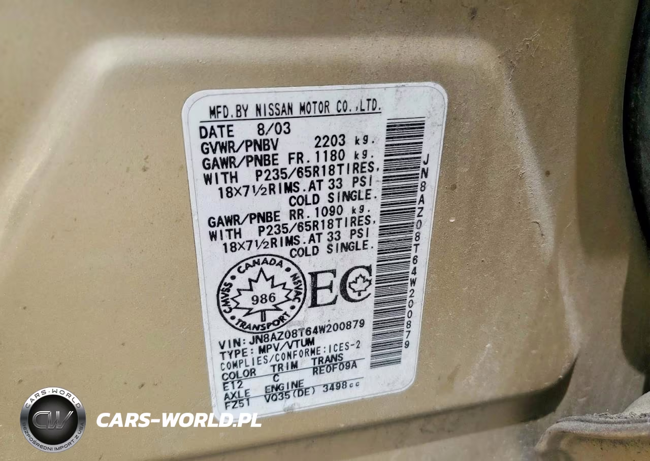 2004 Nissan Murano Sl VIN:JN8AZ08T64W200879 - 13