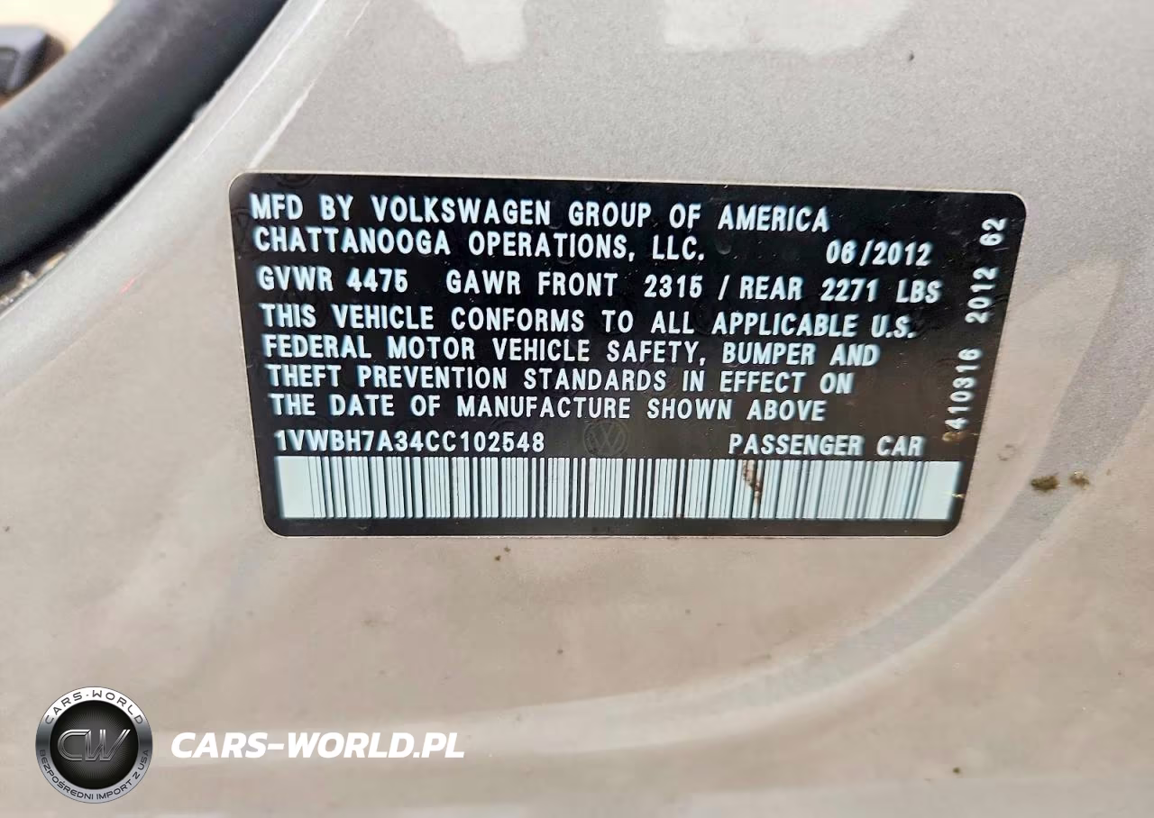2012 Volkswagen Passat Se VIN:1VWBH7A34CC102548 - 12